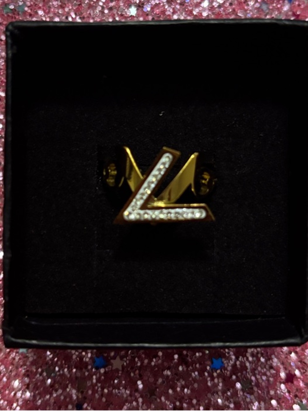 LV Gold Logo Ring w/ Diamond Accents